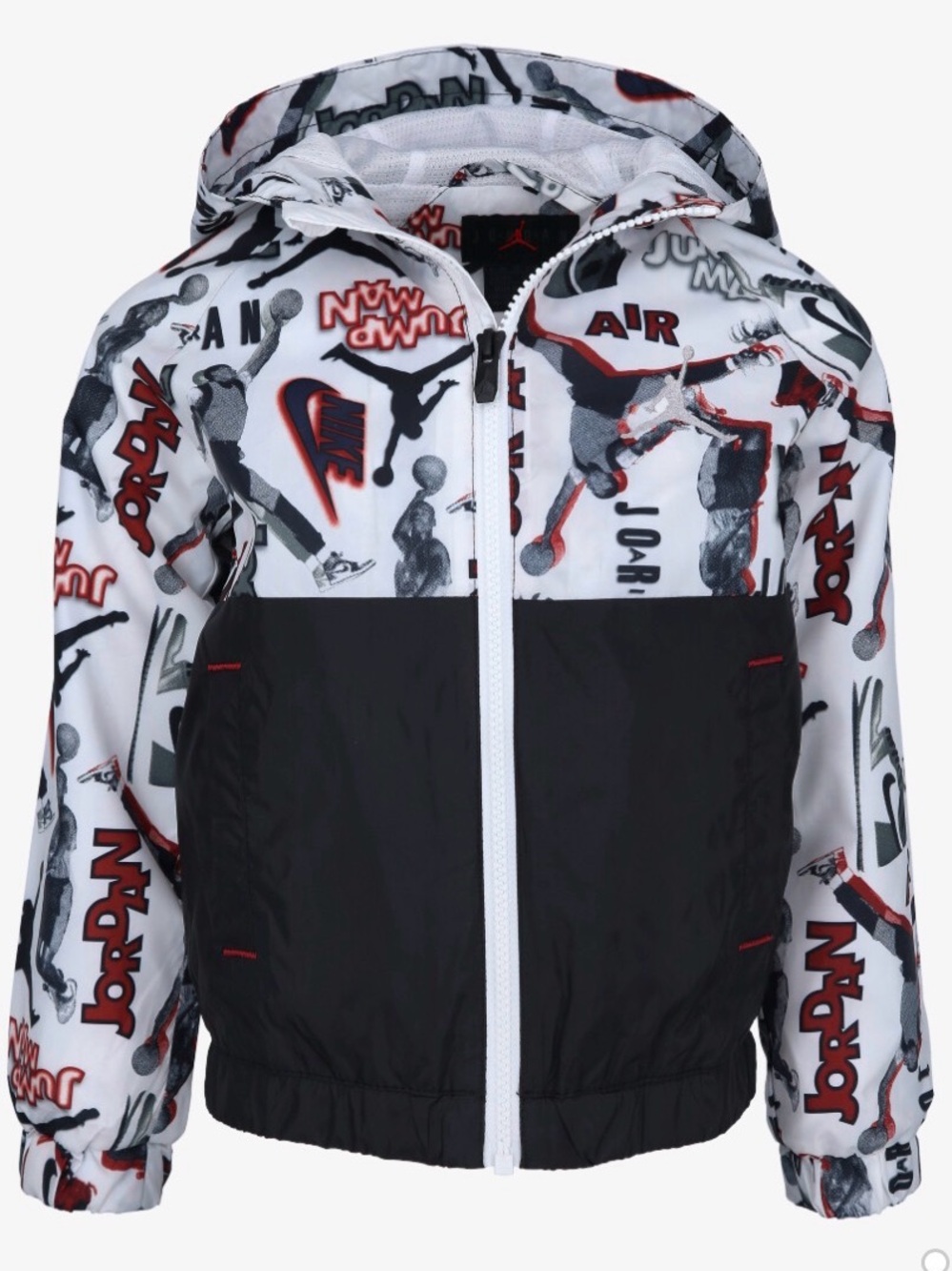 Nike Jordan Jumpman kids' color-block windbreaker jacket in white, red, & black.
